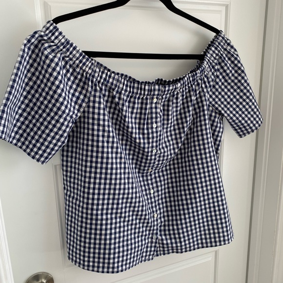 Blue Gingham Off-The-Shoulder Blouse - Picture 2 of 8